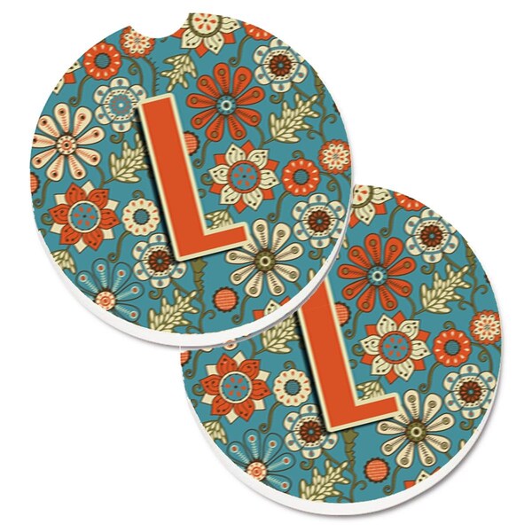 Carolines Treasures Letter L Flowers Retro Blue Set of 2 Cup Holder Car Coaster CJ2012-LCARC - main